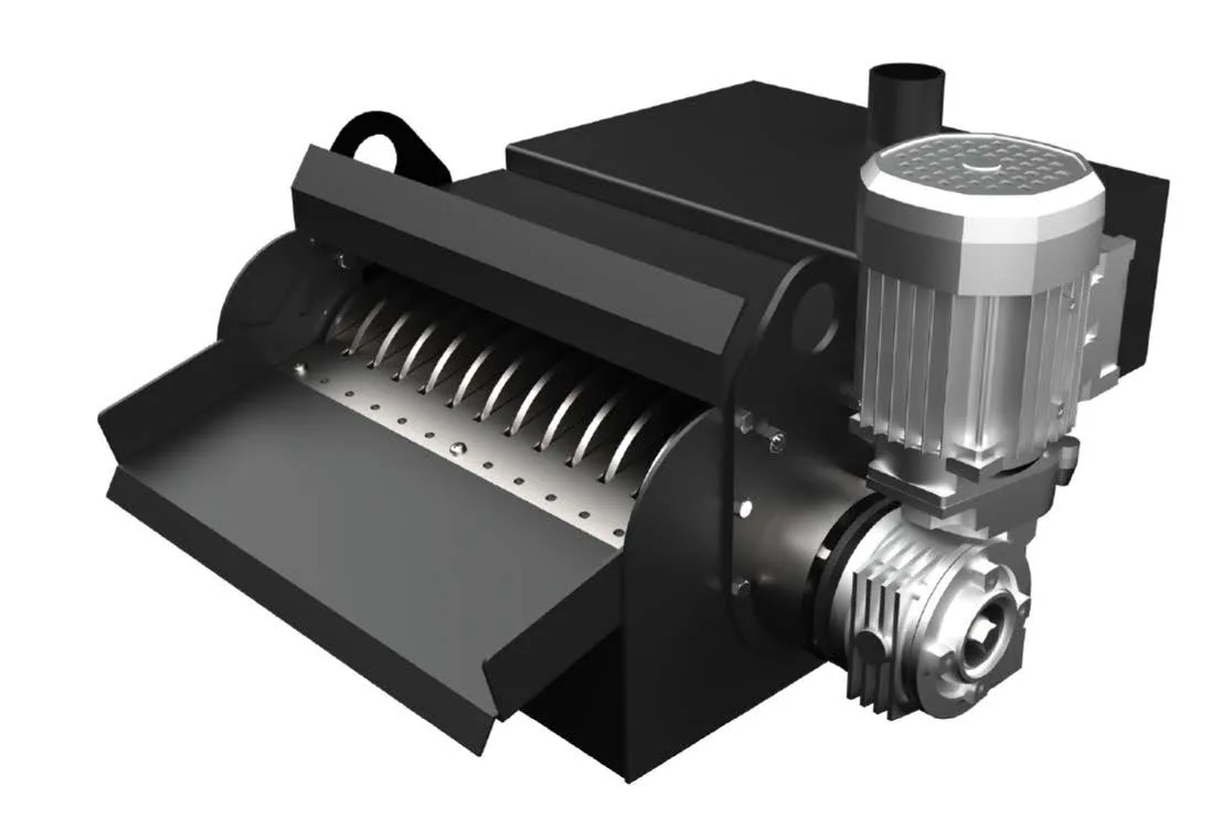 MD magnetic separator with rotating discs, drive motor, and discharge chute