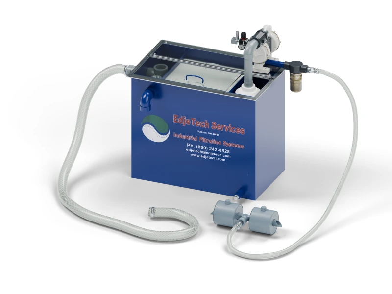 T.O.S.S. T1-ABH tramp oil separator with clear cover, ballast skimmer, and connected hoses.