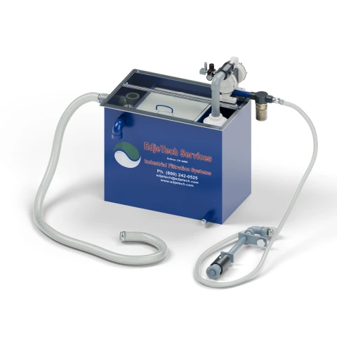 T.O.S.S. T1 portable tramp oil separator with clear cover, hoses and vertical skimmer